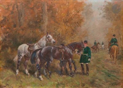 un tableau représentant un homme menant un groupe de chevaux dans les bois