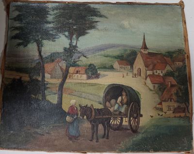 une peinture accrochée au mur d'une maison représentant un cheval tirant une charrette
