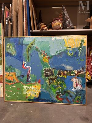 un tableau posé par terre, à côté d'un tableau accroché au mur
