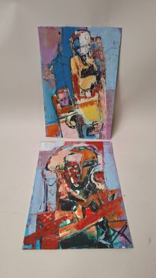 two paintings of a man sitting at a table in front of a mirror