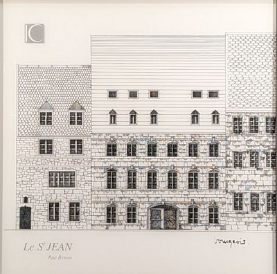 a drawing of a building with a clock on it