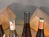 several bottles of wine are lined up in a row on a table