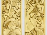 une paire de panneaux Art déco représentant un homme jouant du violoncelle et une femme jouant du violoncelle
