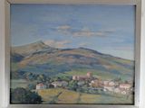 un tableau représentant une petite ville perchée sur une colline