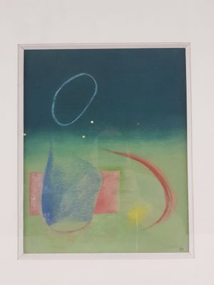 peinture abstraite représentant un cercle bleu et un cercle rouge sur un fond vert et bleu