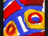 an abstract painting of a red, yellow, blue, and red fish