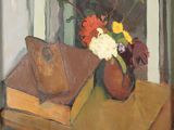 une peinture représentant un vase de fleurs sur une table