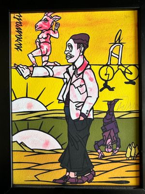 a picture of a painting of a man and a dog
