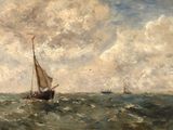 a painting of a sailboat in the middle of a body of water