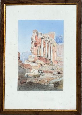 tableau représentant des ruines, avec des moutons au premier plan et le ciel en arrière-plan