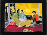 un tableau représentant trois personnes assises sur un lit