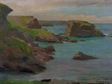une peinture représentant une vue sur l'océan depuis une falaise