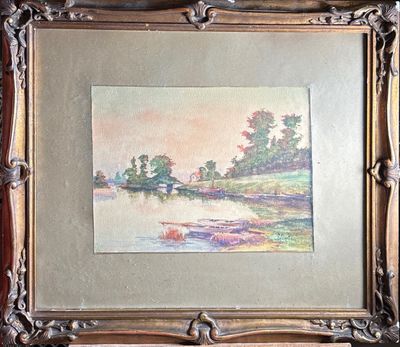 une peinture à l'huile représentant une scène de rivière avec des arbres et de l'eau