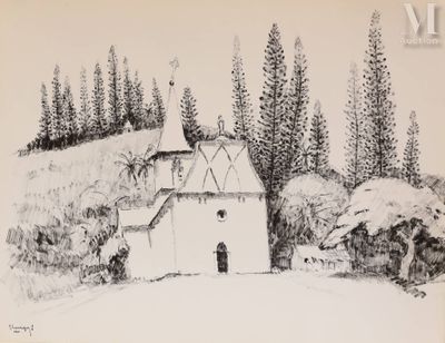dessin au crayon représentant une maison au milieu d'une forêt