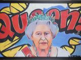 painting of queen elizabeth wearing a tiara in front of a mural of queen elizabeth