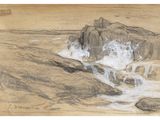 drawing of a rock in the ocean with waves crashing over it