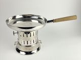 a silver plate with a wooden handle on a white background