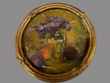 a picture of a painting of a vase with flowers in it