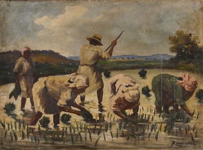 painting of a group of men with animals in a field