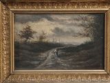 un tableau représentant un homme marchant sur un chemin de terre avec un chien