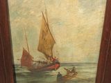 une peinture à l'huile représentant un bateau en mer avec un homme à bord