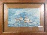 painting of a sailing ship in the ocean with a mountain in the background