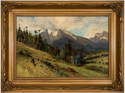 an image of a painting of a mountain scene with a river in the foreground