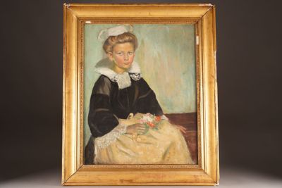 painting of a woman in a black dress sitting on a couch