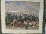 tableau encadré représentant une scène rurale avec des maisons et des arbres en arrière-plan