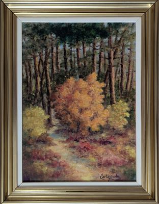 une peinture à l'huile représentant un arbre jaune dans une zone boisée