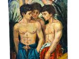 une peinture à l'huile représentant deux hommes debout l'un à côté de l'autre