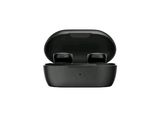a close up of a pair of black earphones on a white background