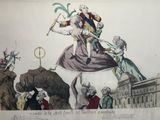 un dessin représentant un homme à cheval, porté par une femme