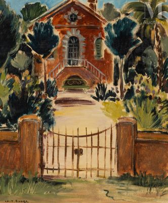 an image of a painting of a church with a gate in front of it