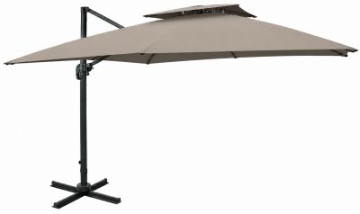 an umbrella with a black base and a beige canopy