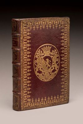 an old book with a gold and red design on it