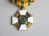 a gold medal with a green and white ribbon around it