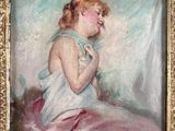 an oil painting of a woman in a pink dress sitting on a chair