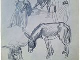 des croquis représentant un âne, un homme en robe et une femme en robe