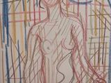 dessin représentant une femme debout devant une fenêtre, avec un oiseau en arrière-plan