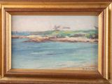 an oil painting of a view of a beach with a castle in the distance