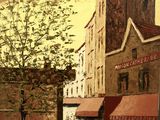 a painting of a woman walking down the street