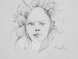 drawing of a woman ' s face with flowers in her hair