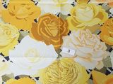 yellow and white roses on a blue and white checkered table cloth