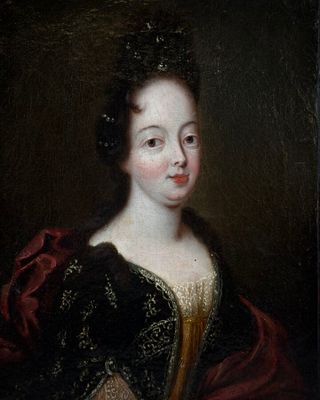 a painting of a woman in a black dress and red shawl