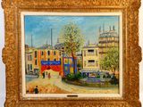 une peinture à l'huile représentant une scène de rue avec des bâtiments et une fontaine