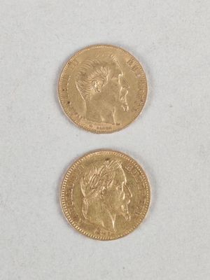 two gold coins with a woman ' s face and a man ' s head on them