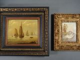 two framed paintings of boats on a wall next to each other