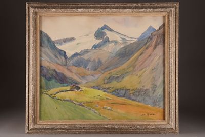 an oil painting of a mountain scene with a valley in the foreground