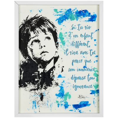 un tableau représentant un jeune garçon, accompagné d'une citation